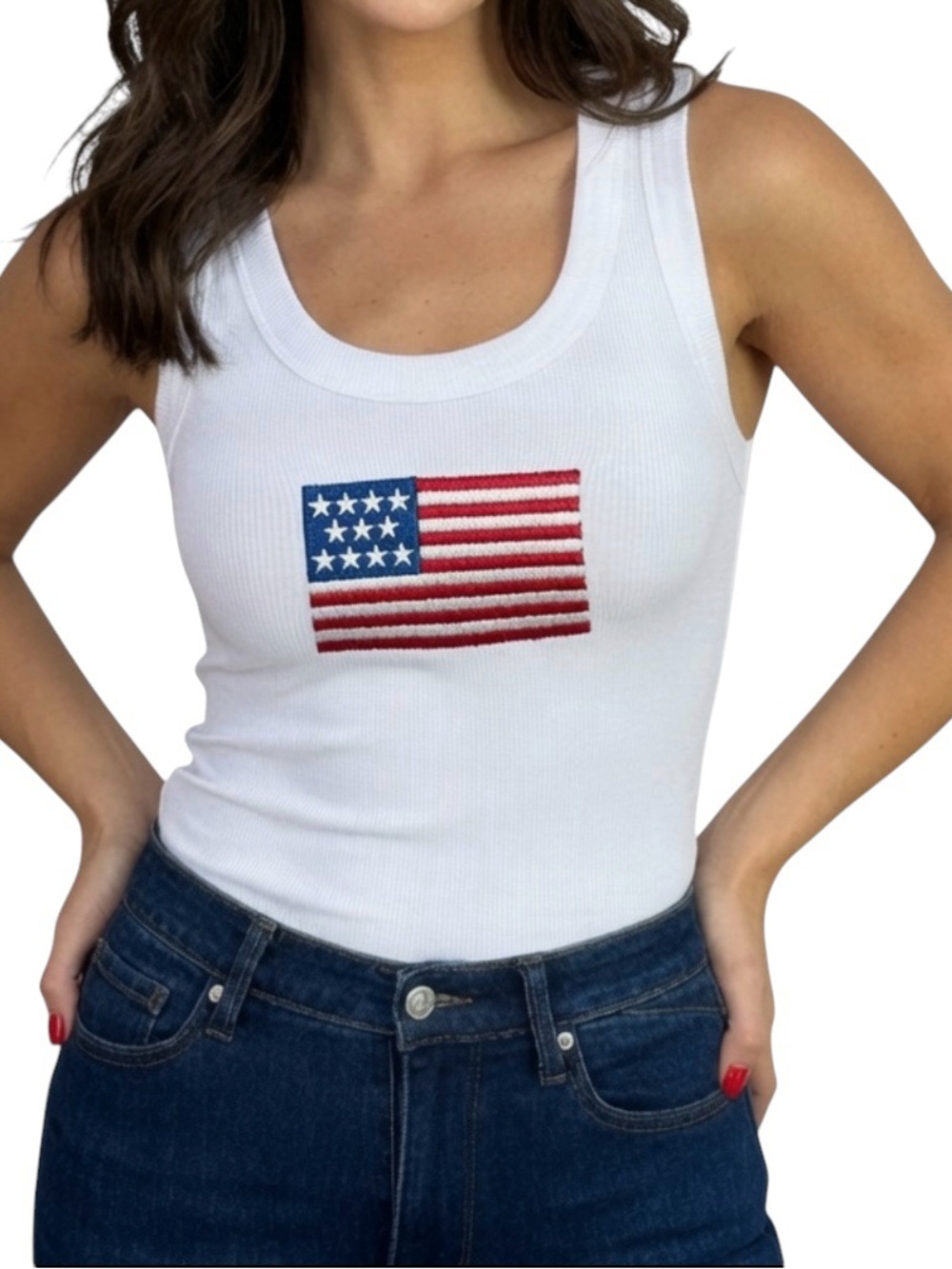 Zenana White American Flag Embroidered Tank Top Ribbed Size Large